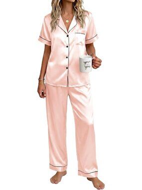 Women's Light Pink Silky Short Sleeve Button Down Loungewear Pajama Set